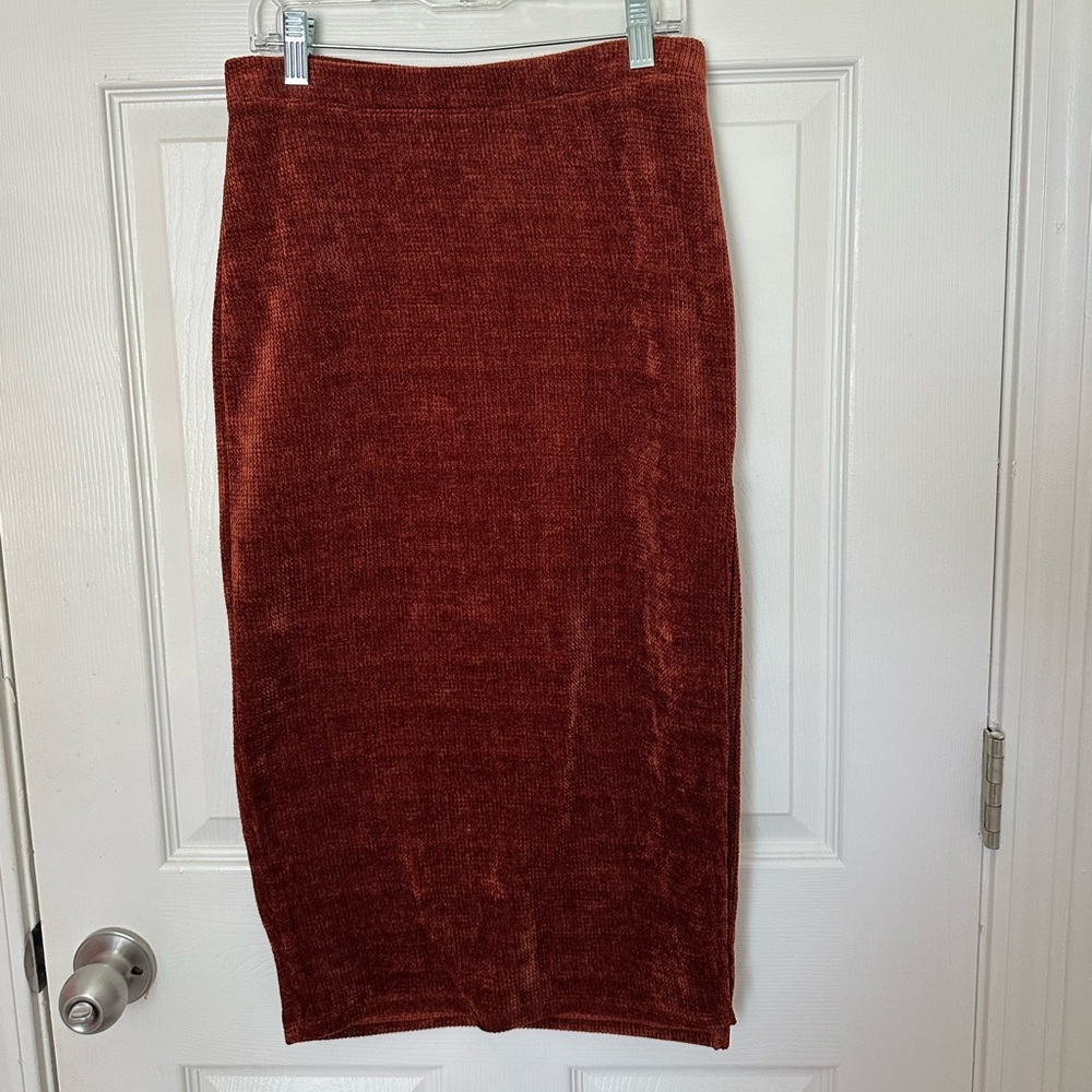 Bear Dance Chenille Burnt Orange Pencil Skirt Side Slit Midi Medium
